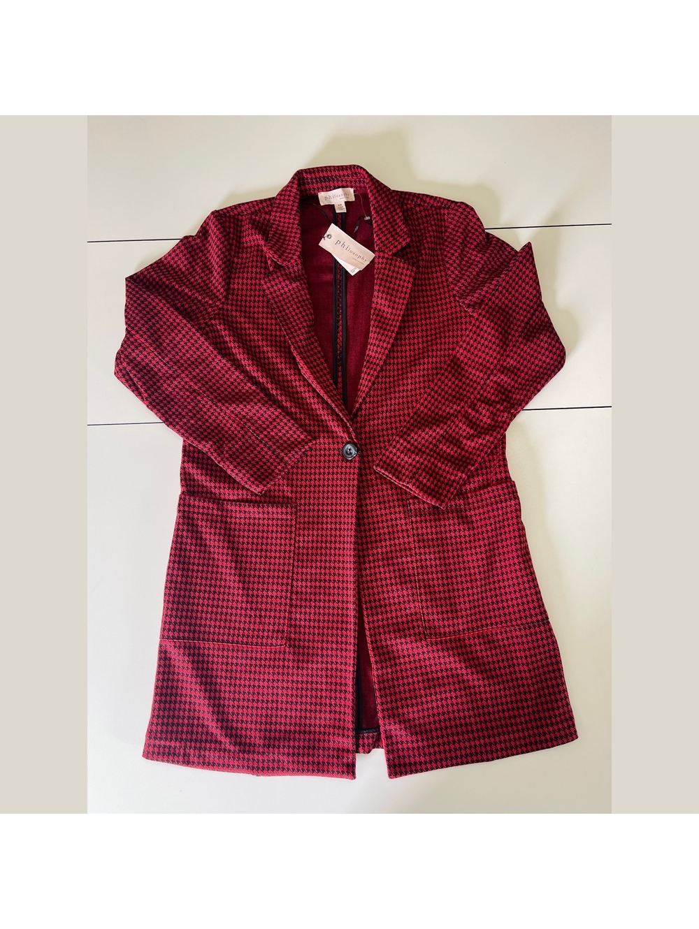 Philosophy Women's Size Medium Red Black Houndstooth Blazer Coat